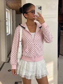 SHEIN 少女粉色波點兒童印花拼接黑色蕾絲飾邊拉鍊秋季運動衫，春夏風格，休閒優雅 - 粉色 - 查看 5