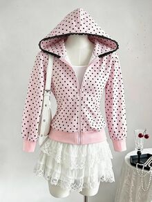 SHEIN 少女粉色波點兒童印花拼接黑色蕾絲飾邊拉鍊秋季運動衫，春夏風格，休閒優雅 - 粉色 - 查看 7