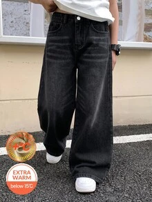 SHEIN Little Byeori 大童男孩 Y2K 時尚秋冬黑色毛絨飾邊寬鬆舒適牛仔褲，適合上學穿著 - 黑色 - 查看 1