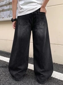 SHEIN Little Byeori 大童男孩 Y2K 時尚秋冬黑色毛絨飾邊寬鬆舒適牛仔褲，適合上學穿著 - 黑色 - 查看 3