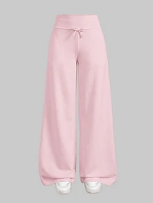 SHEIN Teen Girl Teen Girls Knitted Pink Drawstring Casual Long Pants - Pink - View 3