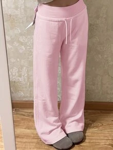 SHEIN Teen Girl Teen Girls Knitted Pink Drawstring Casual Long Pants - Pink - View 2