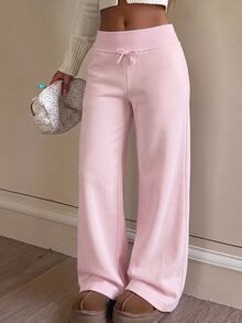 SHEIN Teen Girl Teen Girls Knitted Pink Drawstring Casual Long Pants - Pink - View 1
