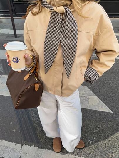 Serisse Jachetă bomber oversized pentru femei, casual, khaki, cu carouri gingham și patchwork în carouri, cu glugă, guler tip eșarfă și mânecă lungă, haine de exterior pentru toamnă și iarnă