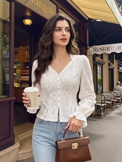 Vintamour Vintage Romantic Elegant Women's Floral Jacquard Knit Button-Up Blouse Casual Holiday Festival Top Fall Autumn Winter White Elegant Women's Blouses
