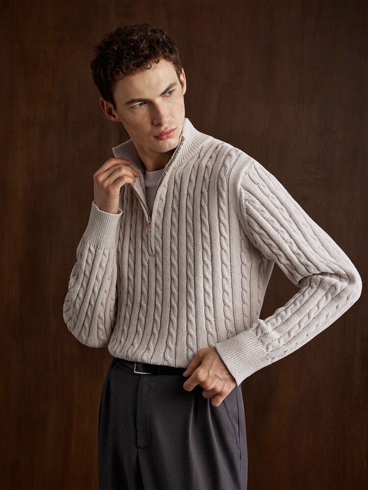 Manfinity CasualKnits Old Money Men's New Cable Knit Half-Zip Long Sleeve Pointed Collar Men's Sweater Fur Autumn/Winter Date Night Birthday Beige Casual - Light Grey - View 4