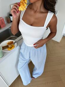ZzzCrew Women's Casual Comfortable Solid Color Lace Tank Top & Woven Striped Long Pants Pajama 2 Pieces Set - Multicolor - View 3