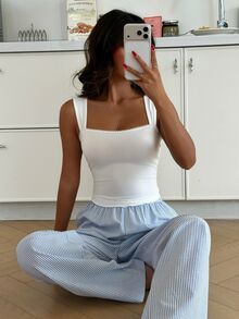 ZzzCrew Women's Casual Comfortable Solid Color Lace Tank Top & Woven Striped Long Pants Pajama 2 Pieces Set - Multicolor - View 5