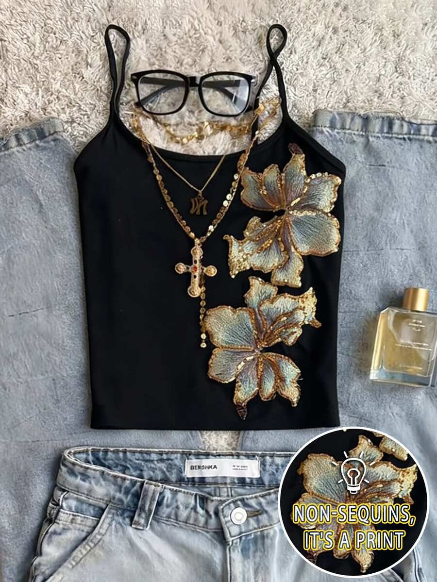 SHEIN 女士亮片花卉图案吊带背心，舒适休闲，适合日常聚会和外出穿着。 - 黑色 - 查看 1