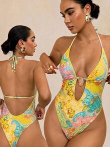 SHEIN Glamour 女款全印花掛脖式連身泳衣，適合海邊度假、泳池派對、海灘派對 - 彩色 - 查看 3