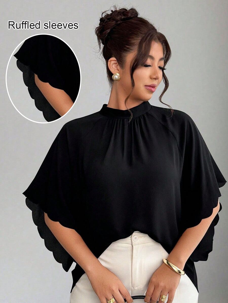 Elenzga Plus Size Women's Round Neck Ruched Sleeve Wavy Hem Loose Blouse, Spring/Summer Chic - Black - View 1