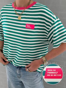 EMERY ROSE Women Contrast Collar Striped Short Sleeve Tee, 3D Silicone Patch Letter Graphic Crew Neck Drop Shoulder Loose T‑Shirt, Preppy Y2K Casual Streetwear - Multicolor - View 1