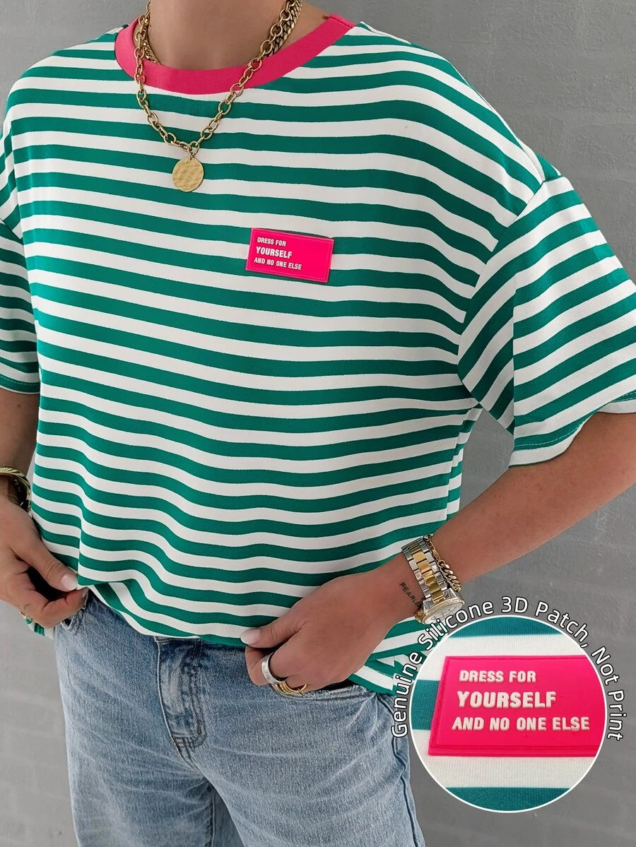 EMERY ROSE Women Contrast Collar Striped Short Sleeve Tee, 3D Silicone Patch Letter Graphic Crew Neck Drop Shoulder Loose T‑Shirt, Preppy Y2K Casual Streetwear - Multicolor - View 1