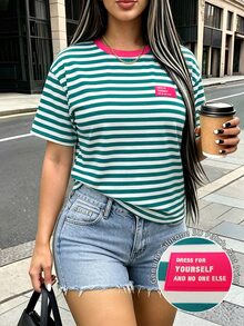 EMERY ROSE Women Contrast Collar Striped Short Sleeve Tee, 3D Silicone Patch Letter Graphic Crew Neck Drop Shoulder Loose T‑Shirt, Preppy Y2K Casual Streetwear - Multicolor - View 3