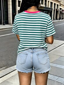 EMERY ROSE Women Contrast Collar Striped Short Sleeve Tee, 3D Silicone Patch Letter Graphic Crew Neck Drop Shoulder Loose T‑Shirt, Preppy Y2K Casual Streetwear - Multicolor - View 2