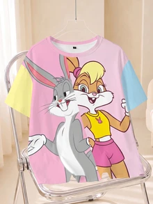 LOONEY TUNES X SHEIN 女款可愛卡通印花圓領短袖T恤 - 白色 - 查看 1