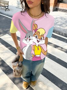 LOONEY TUNES X SHEIN 女款可愛卡通印花圓領短袖T恤 - 白色 - 查看 5