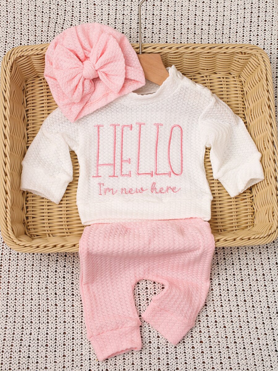 SHEIN 「HELLO」刺繡新生兒女嬰攝影套裝,嬰兒男孩女孩上衣褲子蝴蝶結帽子套組,粉紅色,1個月/100天拍照道具 - 彩色 - 查看 1