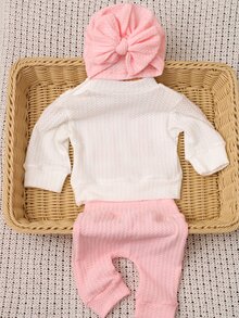 SHEIN 「HELLO」刺繡新生兒女嬰攝影套裝，嬰兒男孩女孩上衣褲子蝴蝶結帽子套組，粉紅色，1個月/100天拍照道具 - 彩色 - 查看 2