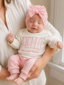 SHEIN 「HELLO」刺繡新生兒女嬰攝影套裝，嬰兒男孩女孩上衣褲子蝴蝶結帽子套組，粉紅色，1個月/100天拍照道具 - 彩色 - 查看 7