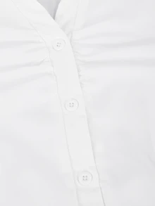 SHEIN 青少年女孩秋季上衣 單件梭織素色領口鈕扣開襟長袖襯衫 喇叭袖 V領收腰修身款 - 白色 - 查看 5