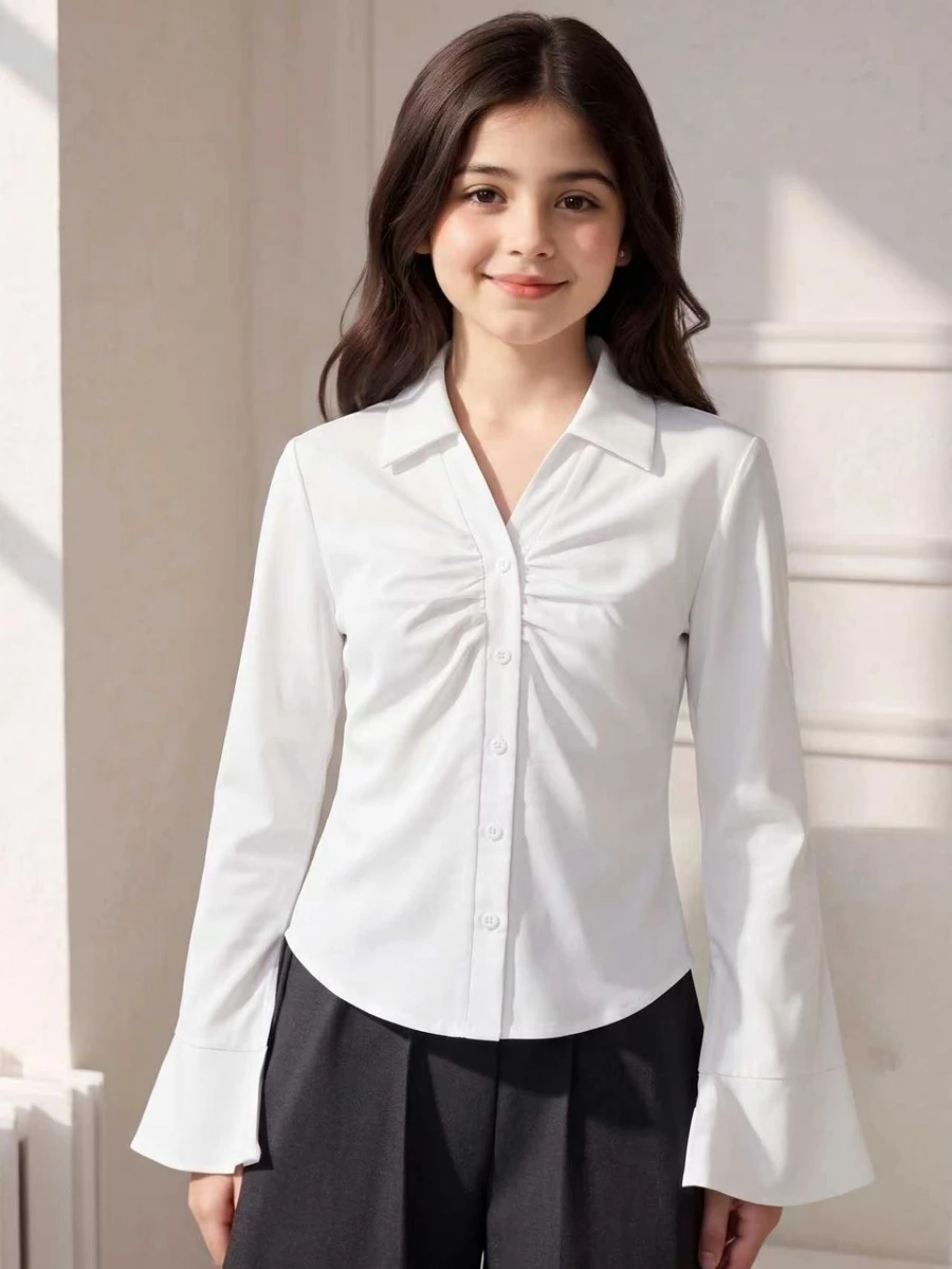 SHEIN 青少年女孩秋季上衣 單件梭織素色領口鈕扣開襟長袖襯衫 喇叭袖 V領收腰修身款 - 白色 - 查看 1