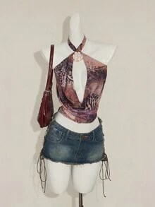 SHEIN ICON Women Plunge Neck Tied Back Casual Backless Crop Top, Vintage Print Fitted Sexy Top For Vacation - Multicolor - View 5