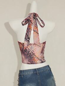 SHEIN ICON Women Plunge Neck Tied Back Casual Backless Crop Top, Vintage Print Fitted Sexy Top For Vacation - Multicolor - View 3