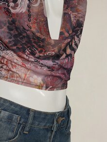 SHEIN ICON Women Plunge Neck Tied Back Casual Backless Crop Top, Vintage Print Fitted Sexy Top For Vacation - Multicolor - View 8