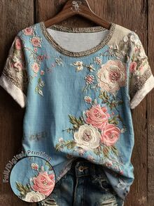 EMERY ROSE 大尺碼女款休閒波希米亞風復古花卉印花圓領短袖T恤，適合日常穿著 - 彩色 - 查看 3