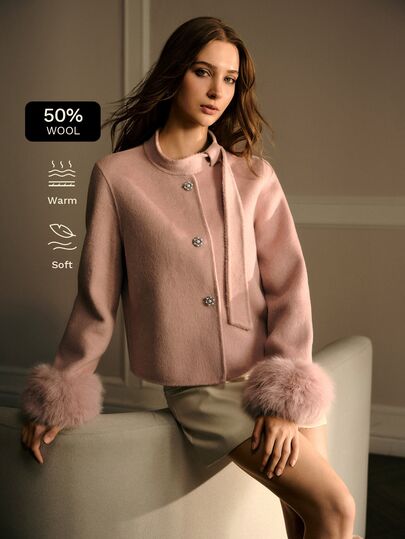 MOTF PREMIUM WOMEN'S AUTUMN/WINTER BOW TIE DESIGN DATE NIGHT FAUX FUR PATCHWORK SHORT CROP WOOL OVERCOAT