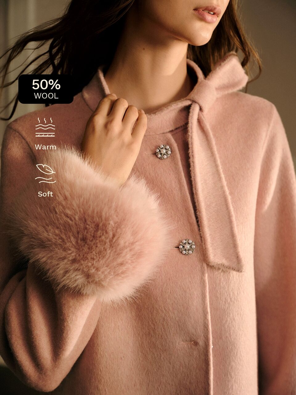 MOTF WOMEN'S AUTUMN/WINTER BOW TIE DESIGN DATE NIGHT FAUX FUR PATCHWORK SHORT CROP WOOL OVERCOAT