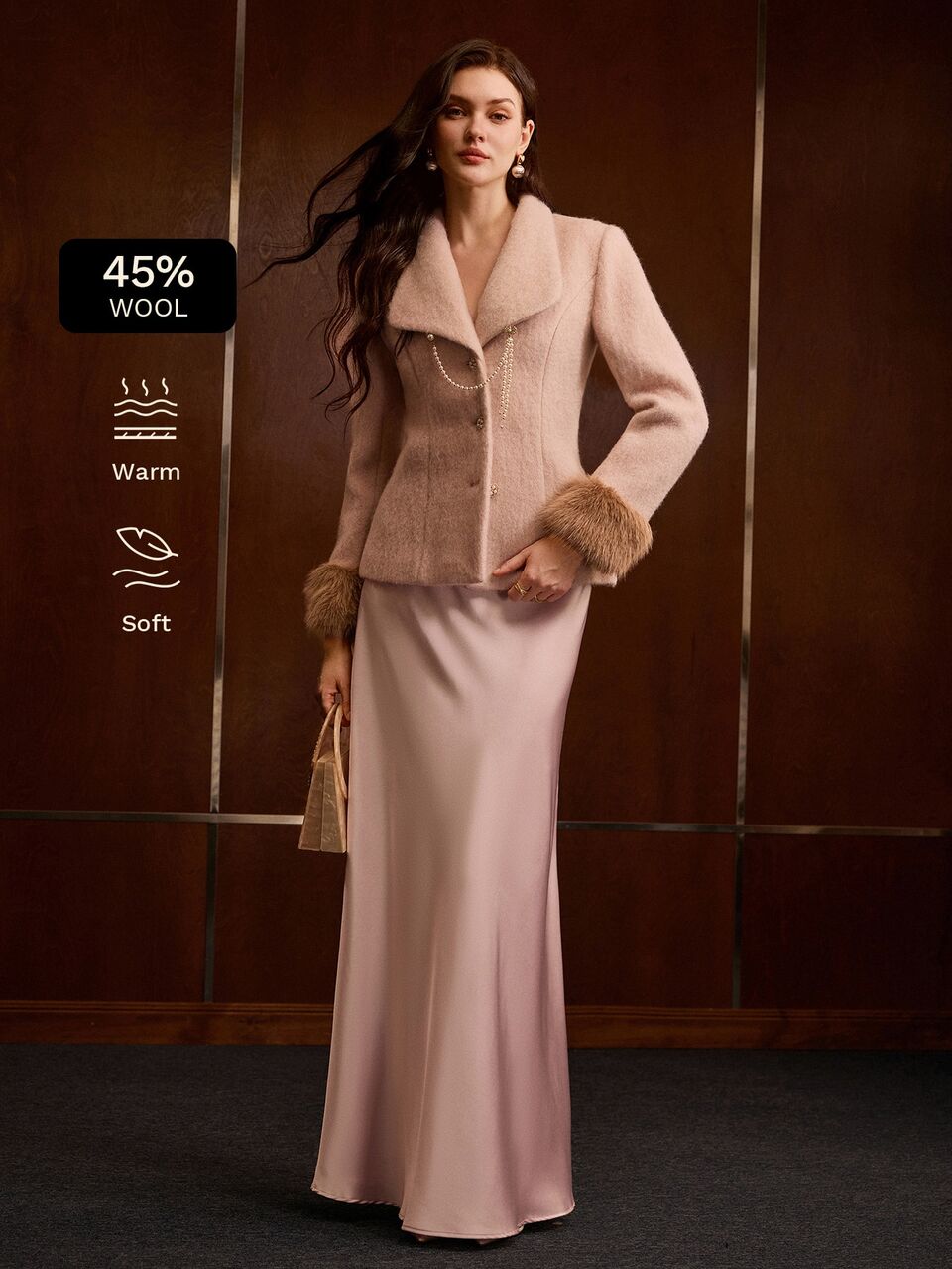 MOTF WOMEN'S AUTUMN/WINTER WOOL LAPEL CINCHED WAIST SLEEVE STRIPED PATCHWORK LONG JACKET COAT