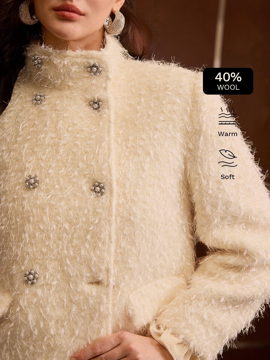 MOTF PREMIUM WOMEN'S AUTUMN/WINTER STAND COLLAR DOUBLE-BREASTED DESIGN CUFF FRILL TRIM OVERCOAT - Apricot - View 1