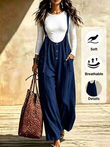 SHEIN Holidaya Women's Button Decor Casual Wide Leg Suspenders Long Pants, Spring/Summer - Navy Blue - View 5