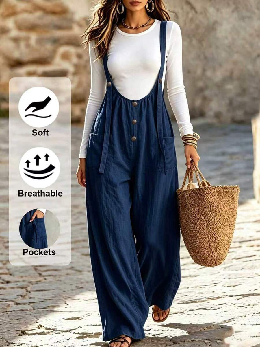 SHEIN Holidaya Women's Button Decor Casual Wide Leg Suspenders Long Pants, Spring/Summer - Navy Blue - View 1