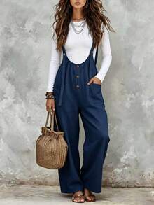 SHEIN Holidaya Women's Button Decor Casual Wide Leg Suspenders Long Pants, Spring/Summer - Navy Blue - View 4