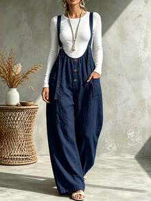 SHEIN Holidaya Women's Button Decor Casual Wide Leg Suspenders Long Pants, Spring/Summer - Navy Blue - View 3