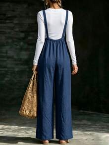 SHEIN Holidaya Women's Button Decor Casual Wide Leg Suspenders Long Pants, Spring/Summer - Navy Blue - View 2