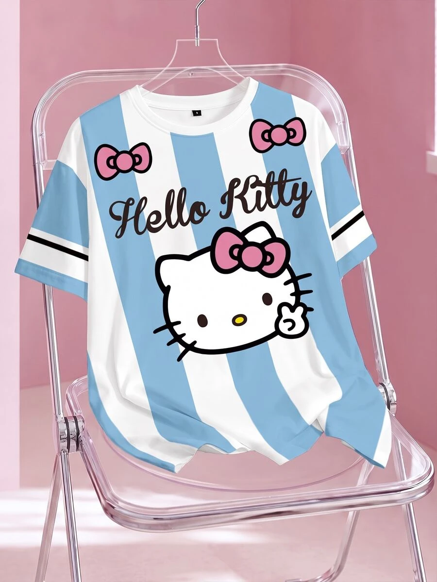 HELLO KITTY AND FRIENDS | SHEIN Kaos Lengan Pendek Kasual Wanita Motif Kartun Huruf untuk Sehari-hari - Putih - View 1
