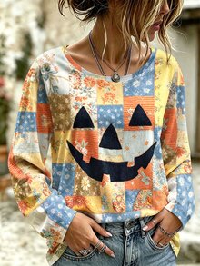 Breezaya Plus Size Vacation Fashion Floral Print Long Sleeve T-Shirt Autumn Halloween Formal Birthday Blue And Yellow Retro Casual - Multicolor - View 1