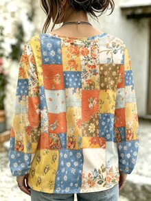 Breezaya Plus Size Vacation Fashion Floral Print Long Sleeve T-Shirt Autumn Halloween Formal Birthday Blue And Yellow Retro Casual - Multicolor - View 2