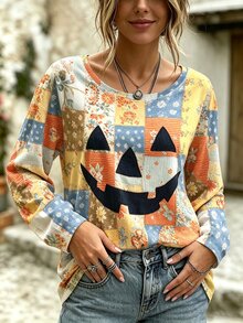 Breezaya Plus Size Vacation Fashion Floral Print Long Sleeve T-Shirt Autumn Halloween Formal Birthday Blue And Yellow Retro Casual - Multicolor - View 3