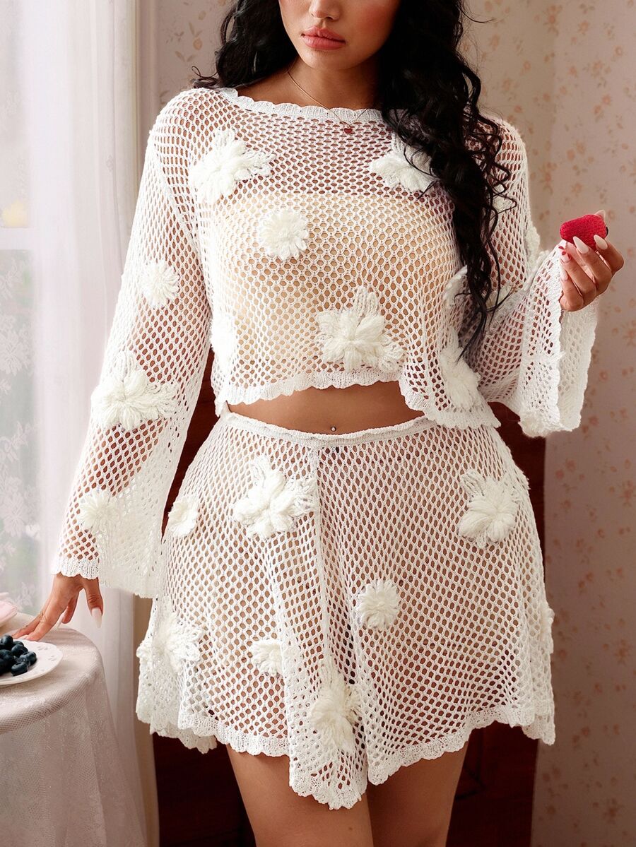 CovetEZ Autumn New Plant Floral Crochet Print Flared Sleeve Cover Up And Skirt Casual Boho Gothic Cute Vacation Beach Style Plus Size Knit 2-Piece Set White - Beige - View 1