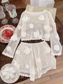 CovetEZ Autumn New Plant Floral Crochet Print Flared Sleeve Cover Up And Skirt Casual Boho Gothic Cute Vacation Beach Style Plus Size Knit 2-Piece Set White - Beige - View 7