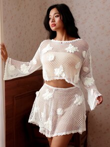 CovetEZ Autumn New Plant Floral Crochet Print Flared Sleeve Cover Up And Skirt Casual Boho Gothic Cute Vacation Beach Style Plus Size Knit 2-Piece Set White - Beige - View 6
