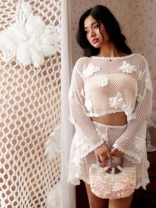 CovetEZ Autumn New Plant Floral Crochet Print Flared Sleeve Cover Up And Skirt Casual Boho Gothic Cute Vacation Beach Style Plus Size Knit 2-Piece Set White - Beige - View 3