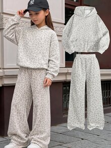 SHEIN Tween Girl Leopard Print Tween Girl Long Sleeve Pocket Hooded Sweatshirt And Sweatpants Casual Set - Light Grey - View 10