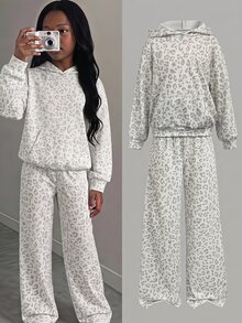 SHEIN Tween Girl Leopard Print Tween Girl Long Sleeve Pocket Hooded Sweatshirt And Sweatpants Casual Set - Light Grey - View 1