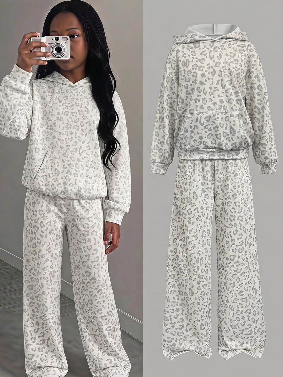 SHEIN Tween Girl Leopard Print Tween Girl Long Sleeve Pocket Hooded Sweatshirt And Sweatpants Casual Set - Light Grey - View 1